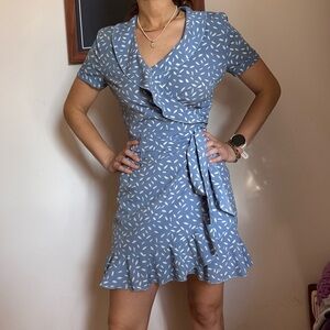 Blue Patterned Wrap Dress